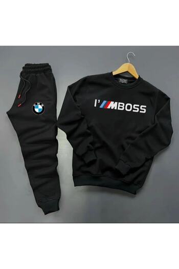 SimStone I'M Imboss Printed Cotton Crew Neck Sweat-Padded Winter Sweatpants 2-Piece Set