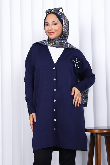 İmajButik Navy Blue Buttoned Cold Yarn Knitwear Cardigan