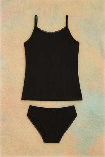 ROZELT Women's Black Cotton Lace Rope Strap Tank Top & Panties 2-Piece Set