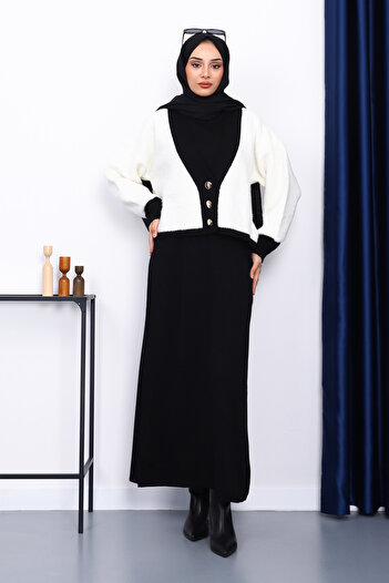 İmajButik Cream Buttoned Knitwear Cardigan Dress Double Combination