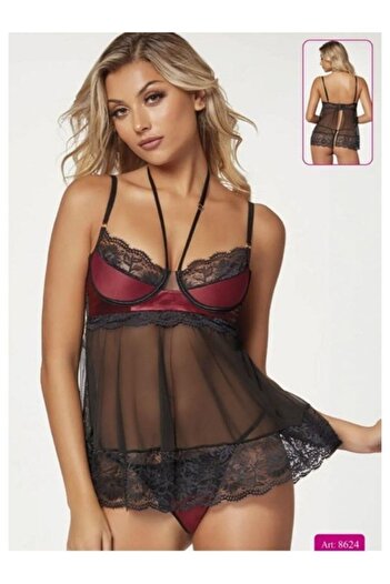 For Dreams Satin Lace Red Detailed Transparent Nightgown