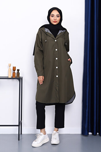 İmajButik Khaki Hooded Trench Coat with Button Detail