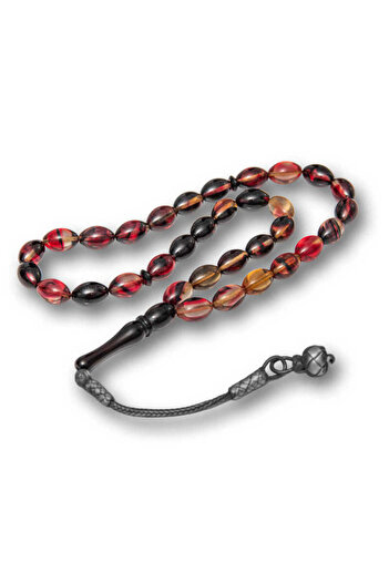 BESKAR Silver Kazaz Tassel Yellow Black Red Crimped Amber Prayer Beads