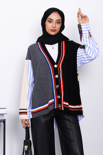 İmajButik Black Shirt Garnished Pocketed Knitwear Cardigan