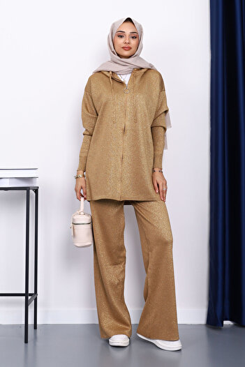 İmajButik Gold Hooded Glitter Knitwear Set