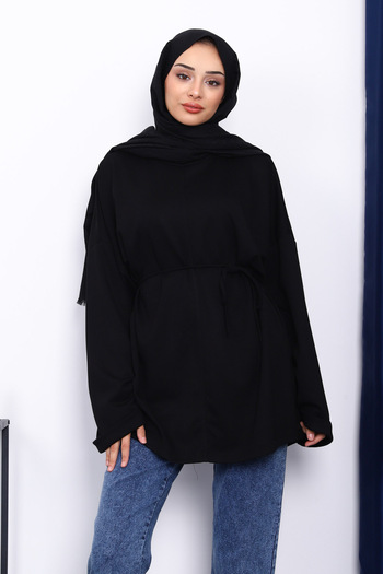 İmajButik Black Tunic with Slits on the Sides and Drawstring Waist