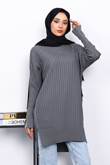 İmajButik Smoked Knit Tunic with Short Front and Long Back