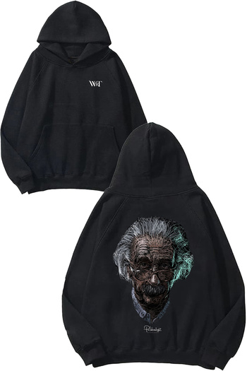 THEWERT Albert Einstein Design Back Printed Black Hooded Sweatshirt