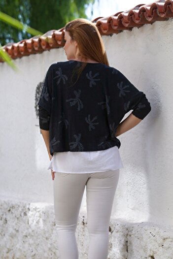 Chiccy Italian Black Pool Collar Long Sleeve Patterned Slim Two-Piece Set Sleeveless Combed Cotton Knitwear Blouse 70 60
