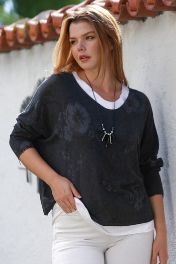 Chiccy Italian Anthracite Pool Neck Long Sleeve Patterned Thin Two-Piece Set Sleeveless Combed Cotton Knitwear Blouse 70 60