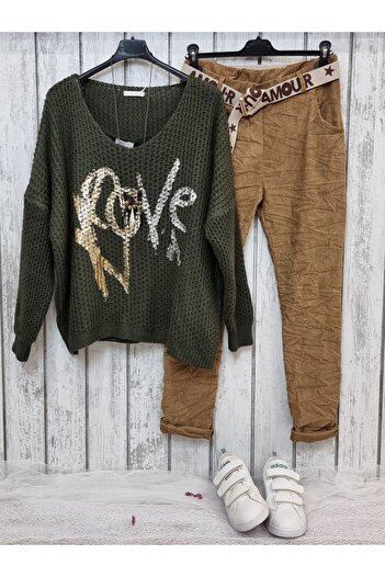 pudubutik Oversize Thick Knitted Openwork Sweater Italian Khaki