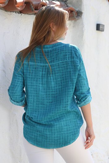 Chiccy Organic Cotton Turquoise Turquoise Buttoned Long Sleeve Textured Single Pocket Washable Woven Blouse 70 60