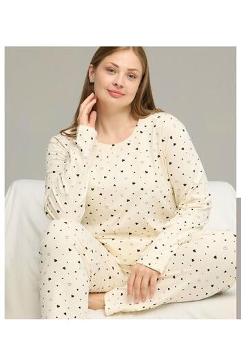 XORVİO Women's Ecru Seasonal Casual Home Wear Long Sleeve Plus Size Pajama Set