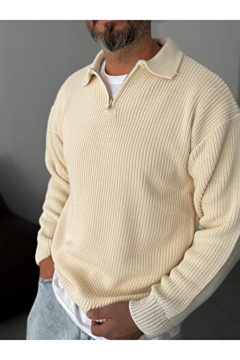 BYBASICMAN Bej Yarım Fermuarlı Triko Sweat DF-001