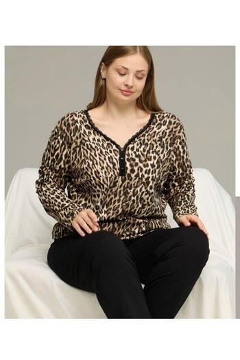 XORVİO Women's Leopard Seasonal Casual Home Wear Long Sleeve Plus Size Pajamas Set
