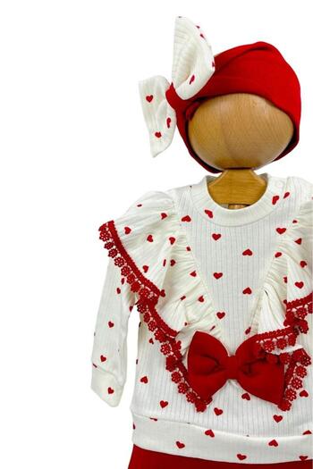 Dumledo 3-Piece Top & Bottom Set for Baby Girls & Children with Ruffle Detailed Heart Hat