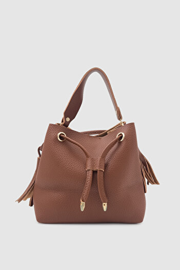 Wuclo Elira Drawstring Tassel Detailed Crossbody Hand and Shoulder Bag Brown
