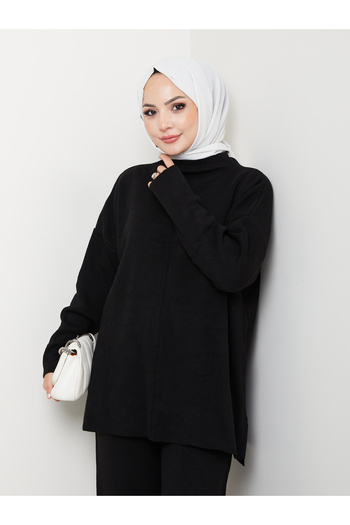 MY QILAM Women's Hijab Set Half Turtleneck Sweater Pants Bottom Top Knitwear Set Black
