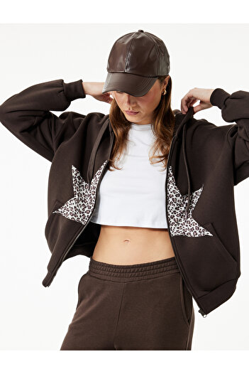 Koton Leopard Printed Oversize Sweatshirt with Raised Zipper Hood and Kangaroo Pocket