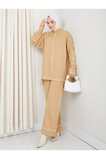 MY QILAM Women's Hijab Set Patterned Half Turtleneck Knitwear Bottom and Top Set Beige/Camel