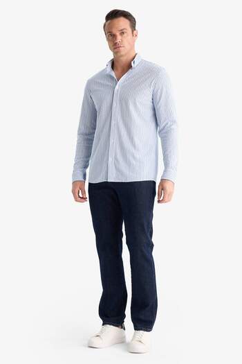 DeFacto Regular Fit Polo Neck Striped Combed Cotton Long Sleeve Shirt E8084Ax25Au