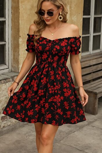 buğrahayalin Women Short Sleeve Madonna Collar Elastic Waist Flower Pattern Short Single Jersey Dress