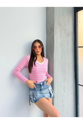 TB Terzi Bey V-Neck Striped Blouse Pink A3699