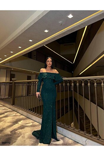 Modafeminen Fkuro Glittery Stretch Fabric Front Double Flounce Evening Dress Emerald 583112