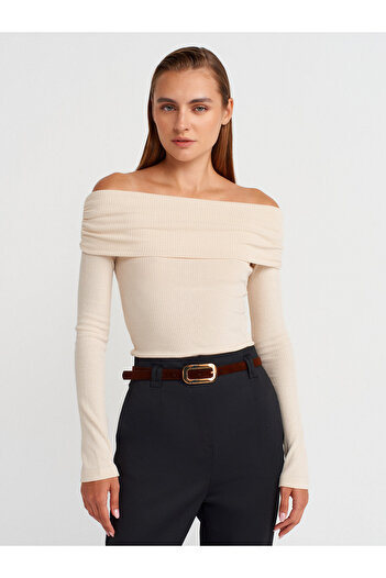 Dilvin 32128 Top cu mâneci lungi, fără umăr, cu piatră