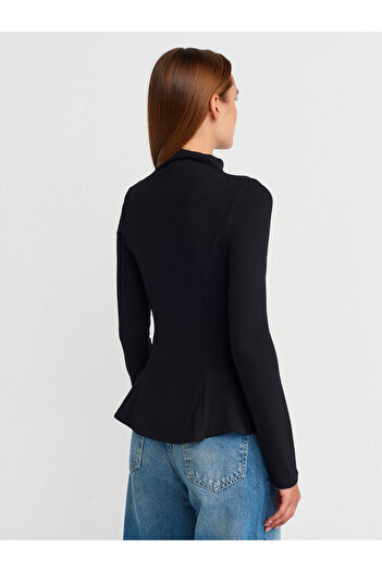 Dilvin 32038 Μακρυμάνικο Peplum Top-Μαύρο