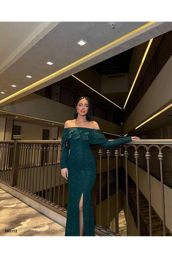 Modafeminen Fkuro Glittery Stretch Fabric Front Double Flounce Evening Dress Emerald 583112