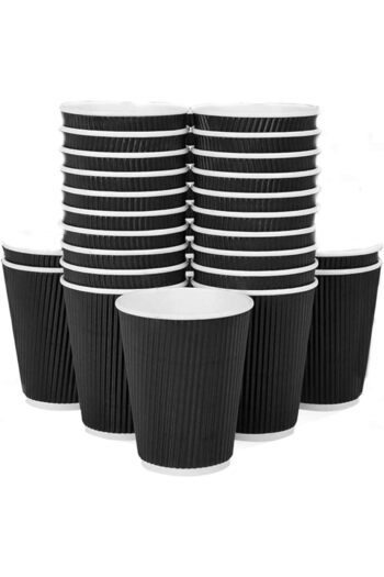 MARKQ [25 Pack] 12oz Black Disposable Coffee Cups - Triple Wall Ripple Hot Paper Cups for Tea & Drinks
