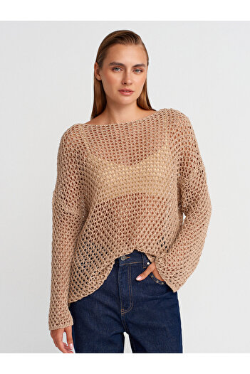 Dilvin 10807 Boat Neck Openwork Knitwear Sweater-Beige