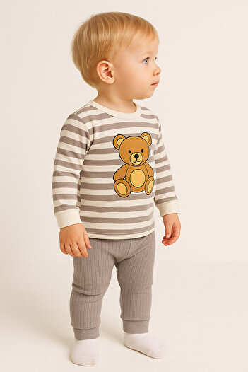 dinamik çocuk Baby Boy Striped Teddy Bear Patterned 2-Piece Set Top and Bottom / 3-12 Months