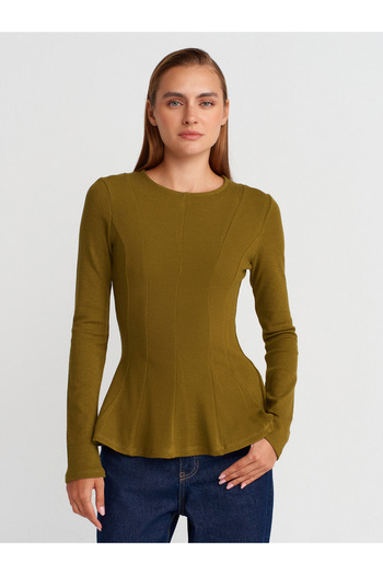 Dilvin 32090 Μακρυμάνικο Peplum Top-Πράσινο λαδί