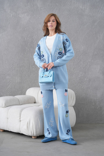 Miss Allos Women's Beaded Wide-Fit Knitwear Cardigan and Pants Bottom-Top Set