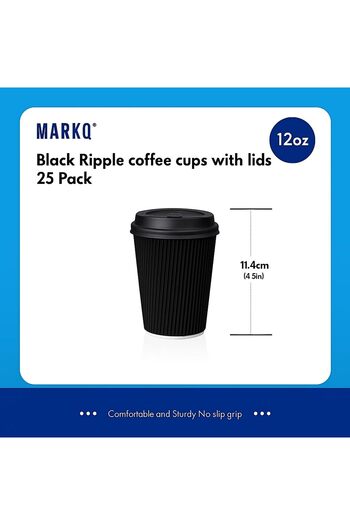 MARKQ [25 Pack] 12oz Black Disposable Coffee Cups with Lids – Triple Wall Ripple Cups for Hot & Cold