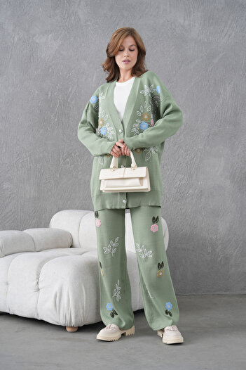 Miss Allos Women's Beaded Wide-Fit Knitwear Cardigan and Pants Bottom-Top Set