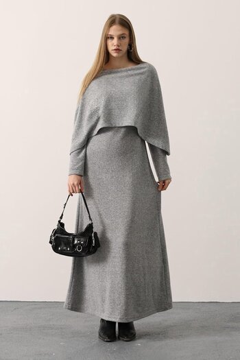 VAGGON Women's Gray Cape Detailed Long Sleeve Soft Knitwear Maxi Dress Vs01150