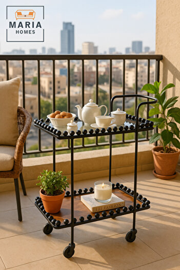 MARIA HOMES Serving Trolley with Wheels – Brown & Black Tea & Coffee Cart for Kitchen & Majlis (70×40×84 cm)