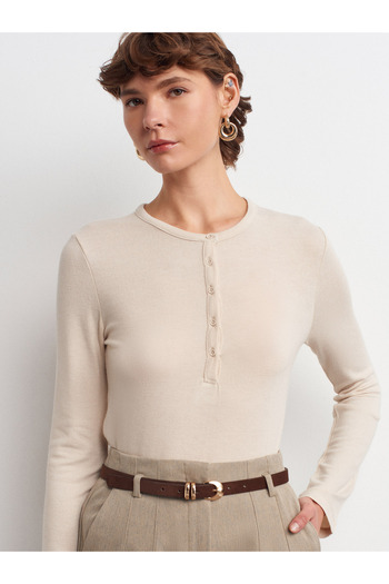 Dilvin 31544 Buttoned Long Sleeve Top-Stone