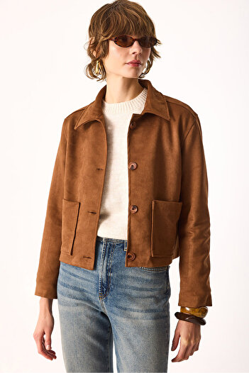 VENA Women's Regular Fit Suede Jacket-Tan