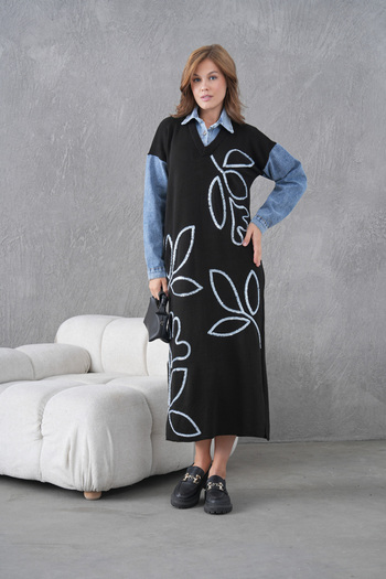 Miss Allos Women's Sleeves Denim Front Glass Pearl and Sequin Embroidered Wide Fit Long Knitwear Dress