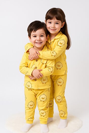 dinamik çocuk Mother-Baby/Child Pajama Set Yellow Duck Patterned 100% Cotton (Price Is for One Set)