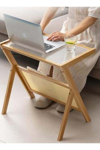 COOYA Rattan Side Table, Z Shape Mid Century End Table Modern Bamboo Accent Bedside Nightstand Tables