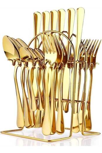 COOYA 24 PCS Flatware Set,Stainless Steel Mirror Polish Cutlery Set,with Holder,Dishwasher Safe,Gold