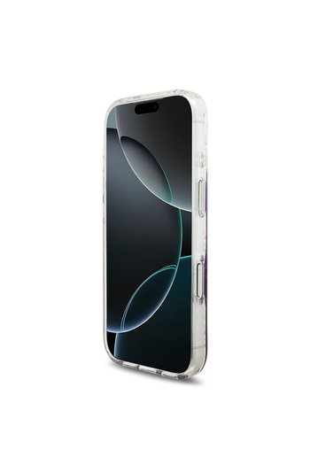 Guess iPhone 17 Pro silicone case in a transparent, gradient purple color with an elegant pattern. iPhone 17 Pro case supports wireless charging.