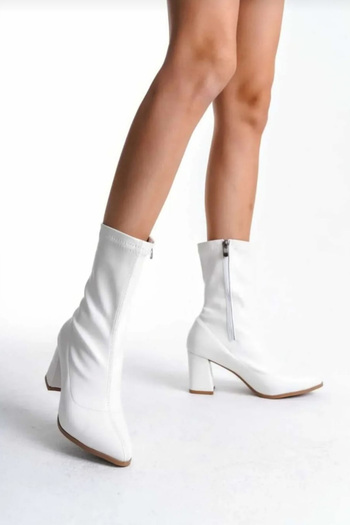 LUXEON Women's White Waterproof Zippered Heeled Stretch Boots Stylish Non-Slip Sole Pointed Toe Casual Bootie Boots