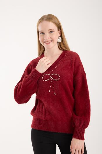 Moda Days Women's Burgundy V-Neck Stone and Pearl Embroidered Knitwear Sweater