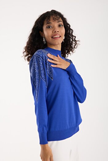 Moda Days Women's Saks Blue Half Turtleneck Shoulder Stone Embroidered Knitwear Sweater